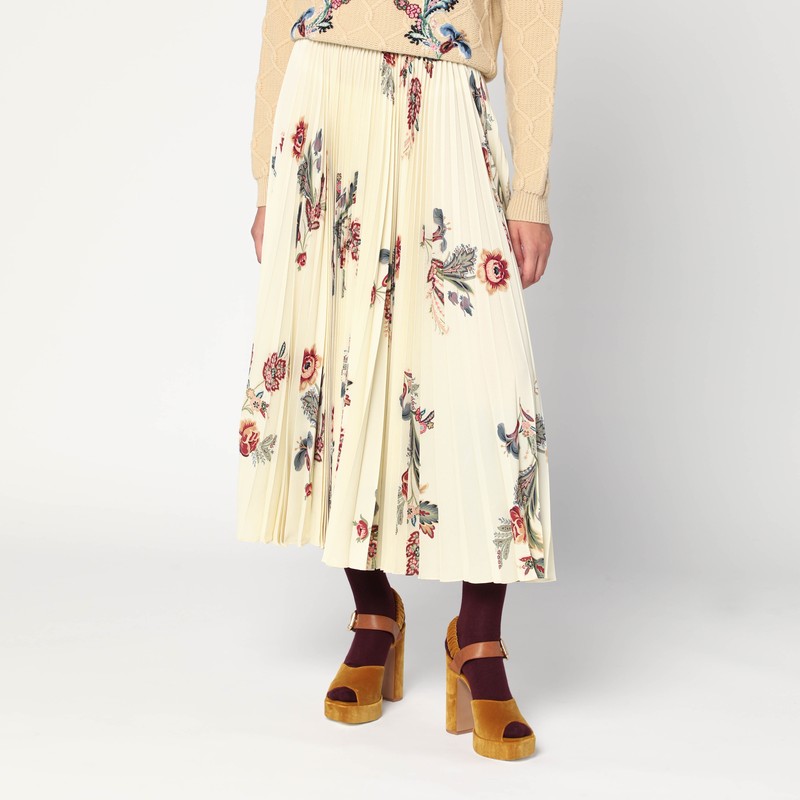 Etro Pleated Midi Skirt With Floral Print In Neutral
